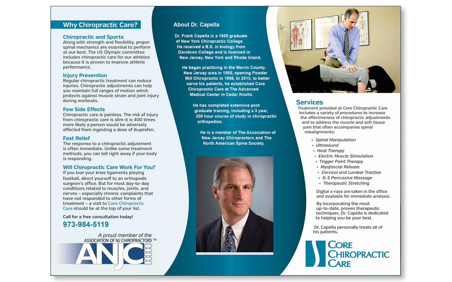 Front of Brochure: curve matches the logo design and also gives a dynamic look when brochure is open or closed.